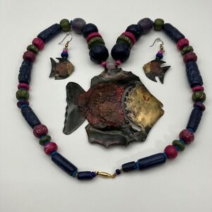 Artisan Brass Fish Statement Beaded Necklace & Earrings  / Big / Bold / Chunky‎